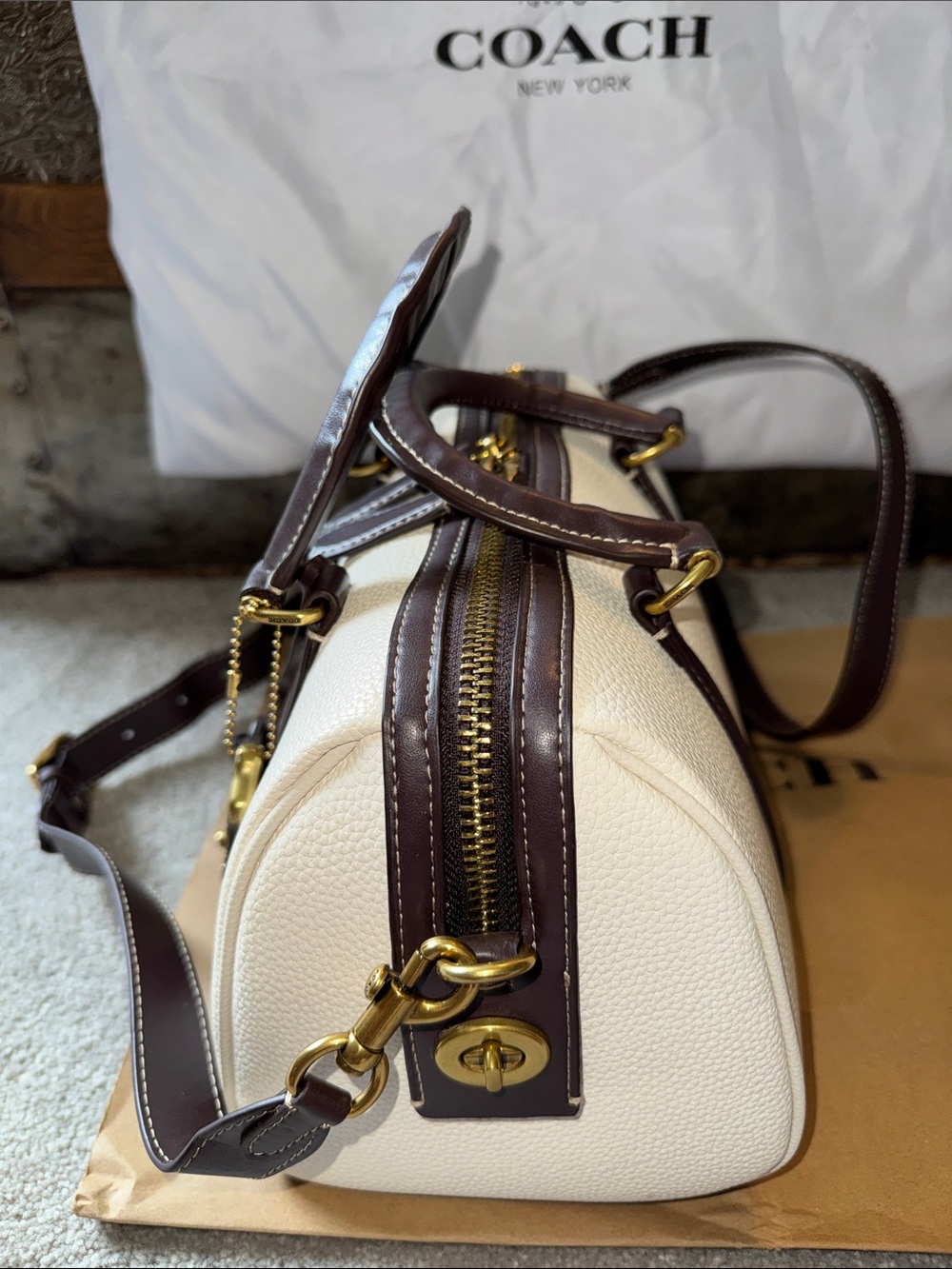 Coach Ruby Satchel 25 in Chalk with Dark Brown Trim and strap - Picture 3 of 15